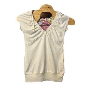 VTG Y2K White Hooded Baby Doll V-Neck Shirt Sleeve Sweater Preppy 2000s USA Made